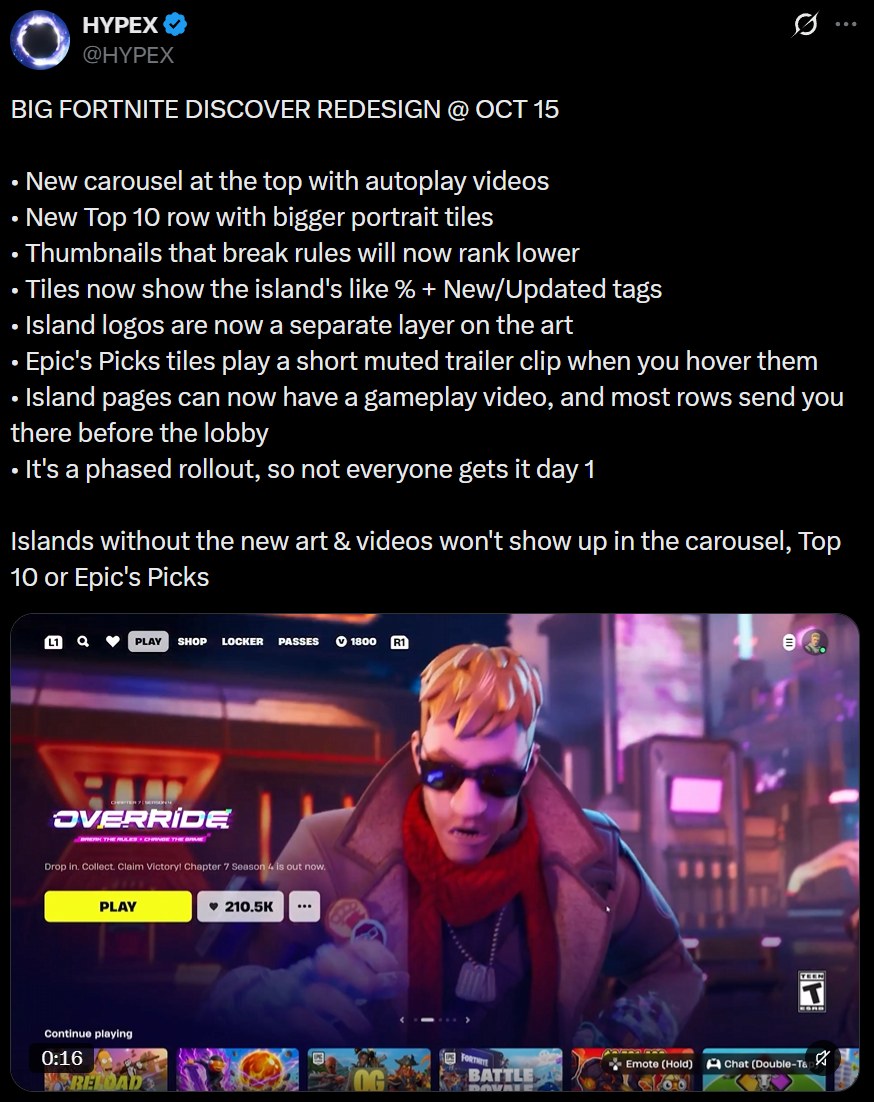 Post from HYPEX on X: Big Fortnite Discover redesign on October 15. Islands without the new art and videos won't show up in the carousel, Top 10 or Epic's Picks.