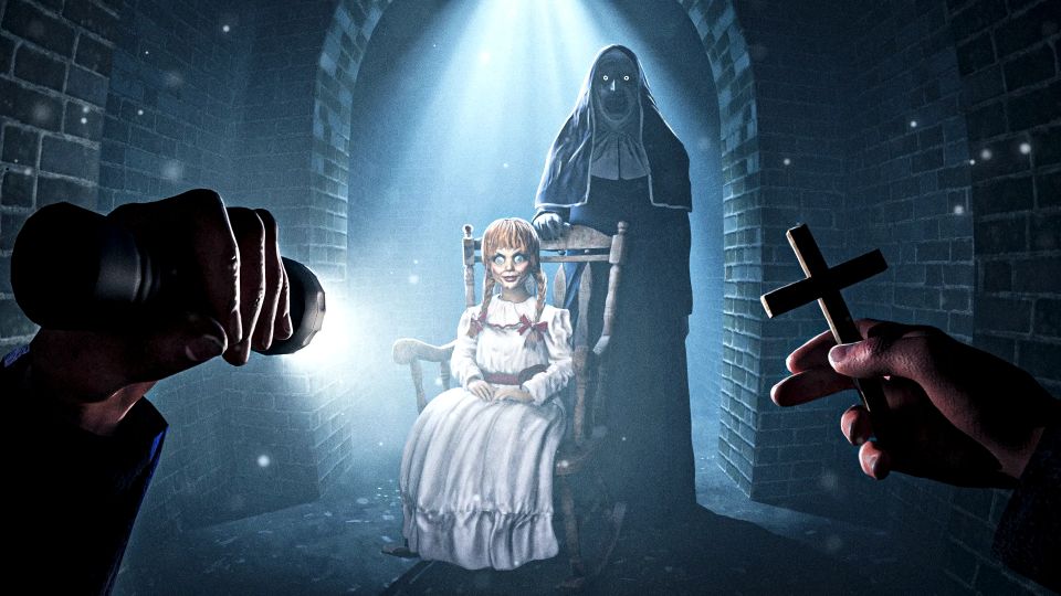 Art-only landscape thumbnail: a haunted doll and a ghostly nun in a lit brick tunnel