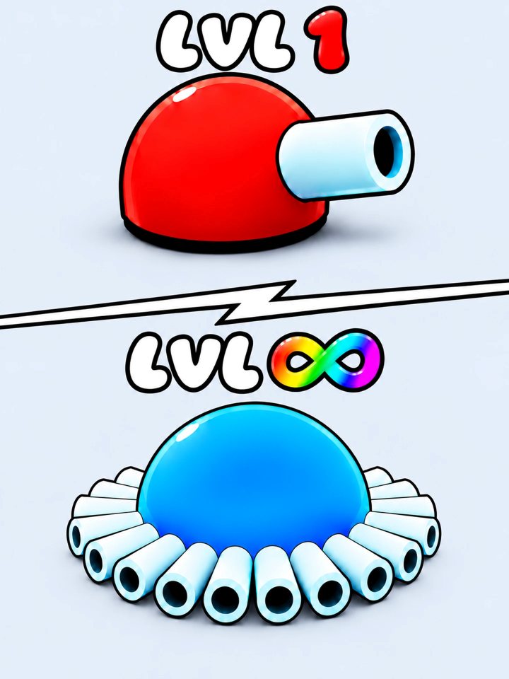 Portrait thumbnail with text: a level 1 cannon versus a level infinity cannon
